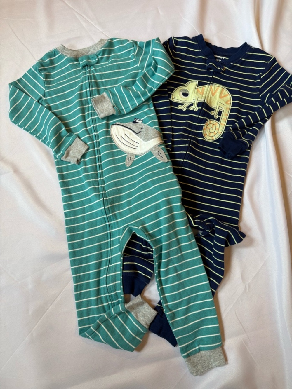 Carter's Teal & Navy Striped Kids Footie Pajamas with Whale & Chameleon